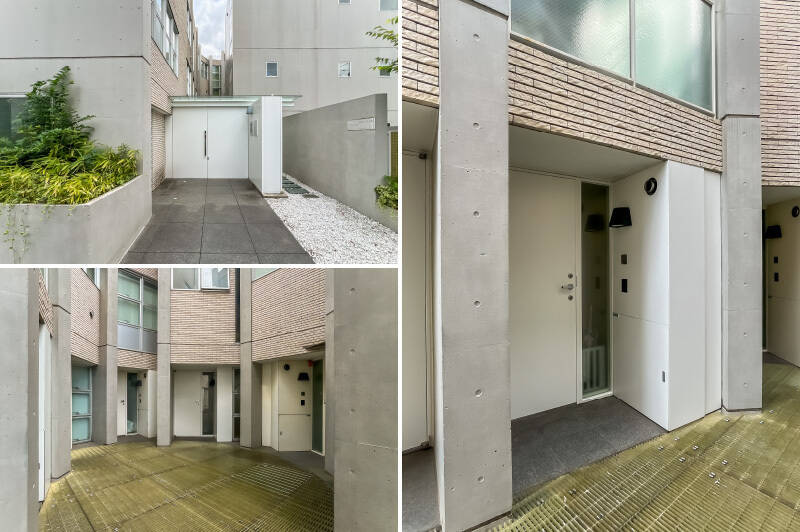 <b>左上・</b>エントランスはオートロック付き。ガラスの庇(ひさし)がモダンな印象です。/<b>左下・</b>中へ進むと、各住戸の玄関がサークル状に集う吹き抜けが。総戸数は8戸です。/<b>右・</b>ご紹介する住戸の玄関扉。