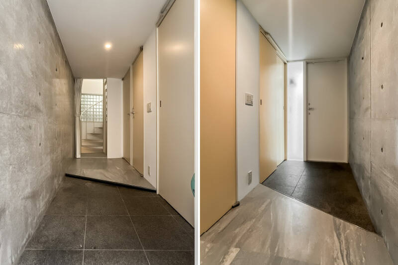 玄関扉を開けると、大きな土間がお出迎え。上がり框(かまち)が斜めに切り取られており、視覚的にも広さも感じられます。