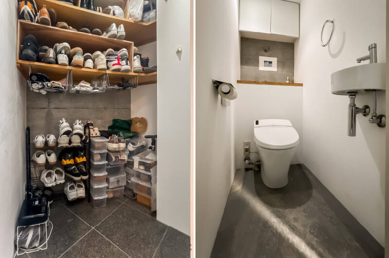 <b>左・</b>土間の横には引き戸タイプの収納付き。自転車などの大きなアイテムを置けるほどの奥行きを確保しています。/<b>右・</b>玄関のある地上1階部分に位置するトイレ。タンクレスタイプで独立手洗い器付きです。