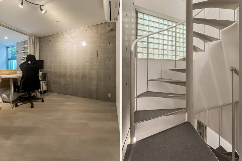 <b>左・</b>1階には、約5帖の洋室Aが。大きな室内窓から、LDKの吹き抜けを見下ろすような構造になっています。/<b>右・</b>螺旋階段が地下1階〜地上1階〜2階をつなぐ間取り。階段には滑り止め効果のあるマットが貼られており、ペットの上り下りも安心感があります。