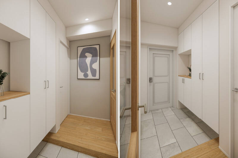 玄関扉を開けて正面の壁には、CGイメージのようにアートを飾ると住まいのアイキャッチに（ダウンライトがさりげなく照らしてくれます）。短い廊下を挟んで右手にLDKが、左手に洋室Ａが位置します。