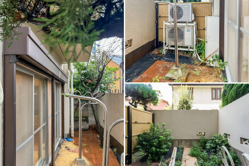専用庭は現状雑草が目立つ箇所もありますが、手入れをすれば気持ちよく使えそうなスペース。玄関前のスペースを挟んで、冒頭でご紹介した洋室Ａの前面にも庭があります（写真右下）。