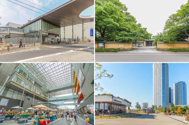 <b>左上・</b>建築家・安藤忠雄氏デザインの駅舎が目を惹く、東急大井町線「上野毛」駅が最寄り。（徒歩7分）／<b>右上・</b>閑静な住宅街の中に突然現れる、約6,000坪もの敷地を有する「五島美術館」。見事な庭園や四季折々の植物を楽しめます。（徒歩2分）／<b>左下・</b>「上野毛」のすぐお隣は「二子玉川」駅（徒歩12分）。駅直結の商業施設「二子玉川ライズショッピングセンター」にはショッピング施設やレストラン、映画館などなんでも揃っています。（徒歩7分）／<b>右下・</b>緑豊かな芝生と大きな空が広がる、憩いスポット「二子玉川公園」。お子さまやワンちゃんとのお散歩コースにぴったりでしょう。（徒歩9分）