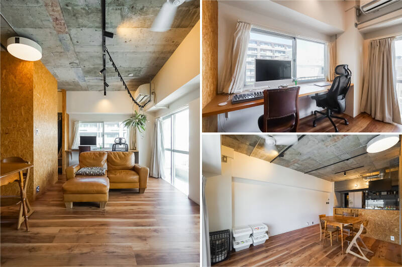 <b>左・</b>リビング中央に間仕切り壁を設ければ、<b>1LDK→2LDKの間取りに変更可能</b>な設計。/<b>右上・</b>北東側の窓際には、2人並んで作業できるワークスペースを設けています。/<b>右下・</b>シーリングファンが備わっているため、冷気や暖気を効率よく循環してくれますよ。