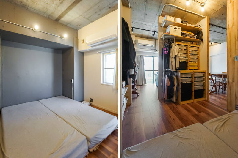 <p><b>左・</b>窓は北東向き。シングルベットを2つ並べて置ける広さです。/<b>右・</b>オープンタイプの収納が2つ備わっています。カーテンレール付きのため、カーテンで目隠しすることも可能です。</p>