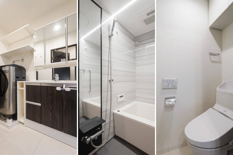 <b>左・</b>三面鏡の洗面台。/<b>中央・</b>浴室乾燥機付きのユニットバス。/<b>右・</b>吊り戸棚付きのトイレ。