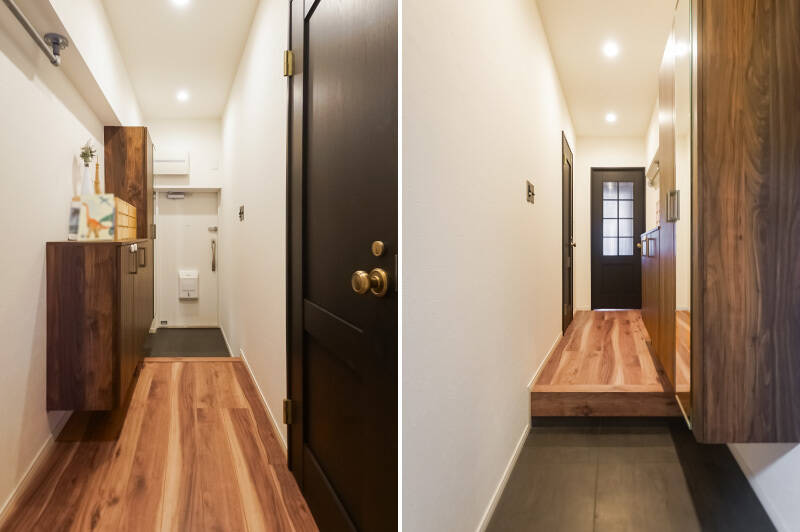 <b>左・</b>シューズボックスは2つ。/<b>右・</b>正面のガラス入り扉から光が廊下に届きます。