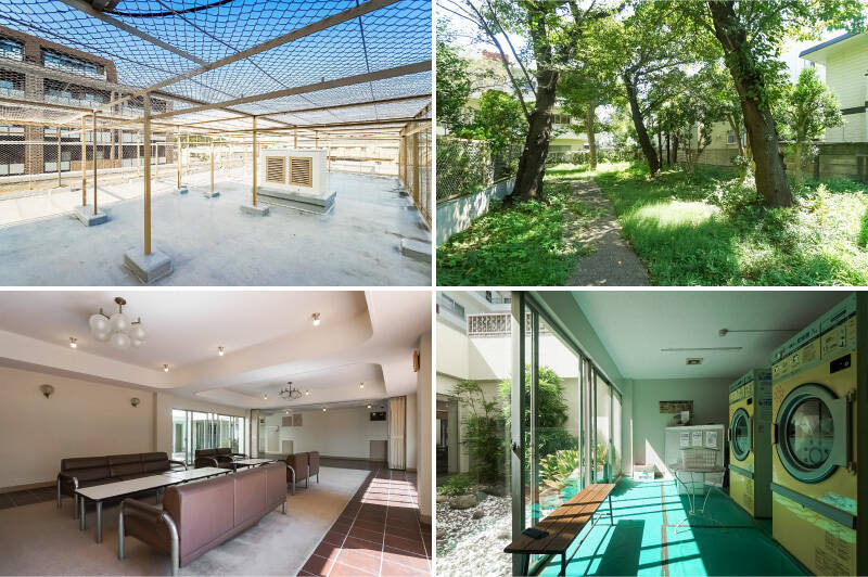 <b>左上・</b>屋上には、広々とした物干しスペースが。布団や毛布などの大きな洗濯物も気持ちよく干せそう。/<b>右上・</b>中庭があり、身近に感じられる自然スポット。春には桜を楽しめます。/<b>左下・</b>広々とした待合室も用意されています。/<b>右下・</b>なんと乾燥機まで完備……! 洗濯物が乾くのを待つ間、坪庭を眺めながらのんびり過ごすのもよさそう。