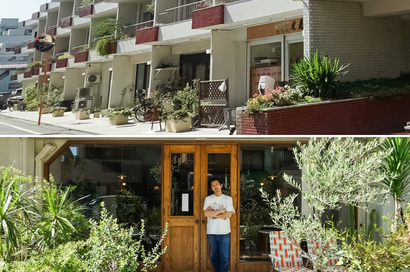 <b>上・</b>エントランスがある低層棟の1階には、飲食店やお花屋さん、アンティーク家具屋さんなどのお店が並んでいます。/<b>下・</b>1階にあるカフェ「<b>Autumn (オータム)</b>」は、店主の林さんの気さくな接客と、レコードが流れる居心地のいい店内が魅力。美味しいコーヒーをゆったり楽しめますよ。