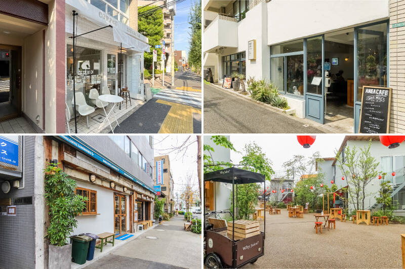 <b>左上・</b>マンションが建つ淡島通り沿いに2024年オープンしたフレンドリーなアイスクリーム店「SUHO（スーホ）」。（徒歩7分）／<b>右上・</b>ドラマ　“サイレント” のロケ地として有名になった「ANEA CAFE 松見坂」も同じく淡島通り沿いに。（徒歩14分）／<b>左下・</b>オープンな空間が気持ちいい「BONDI COFFEE SANDWICHES」は朝食に最適◎（徒歩20分）／<b>右下・</b>書店やカフェなどが集まる複合施設「BONUS TRACK」では定期的にイベントが開催されていて刺激的。（徒歩22分）すべて、Iさまのおすすめピックアップです！