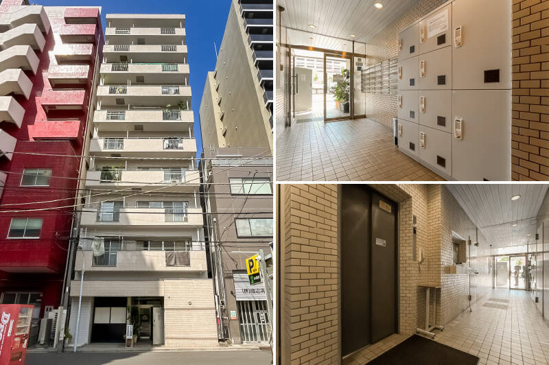 マンション自体は駅出入り口がある江戸通りに面していますが、エントランスがあるのは裏側の細道沿い。<b>新耐震基準を満たしているという心強いお墨付き</b>で、前回の大規模修繕工事は2023年に完了。宅配ボックスも設置されています！