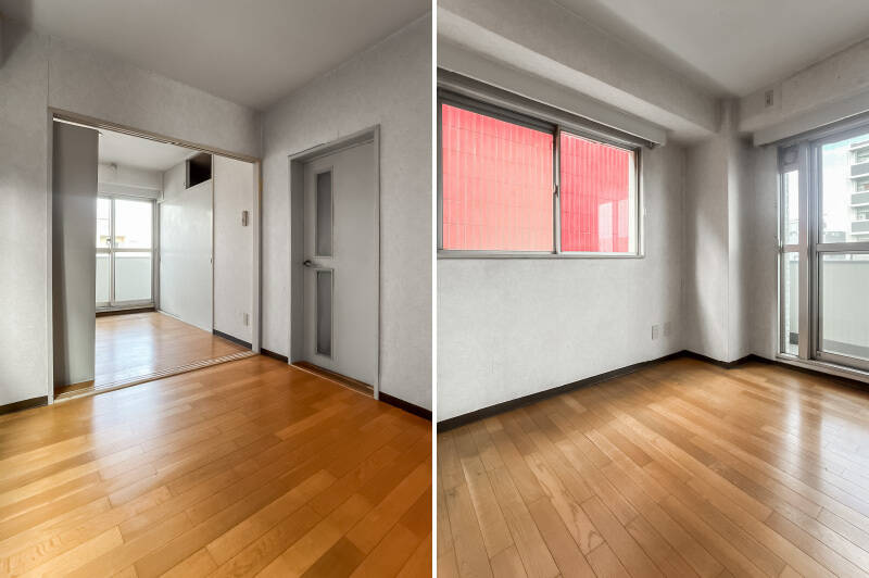 洋室間が引き戸で仕切られた昔ながらの間取り。動線上、手前の洋室を通らないと奥の洋室には行けないようになっています。