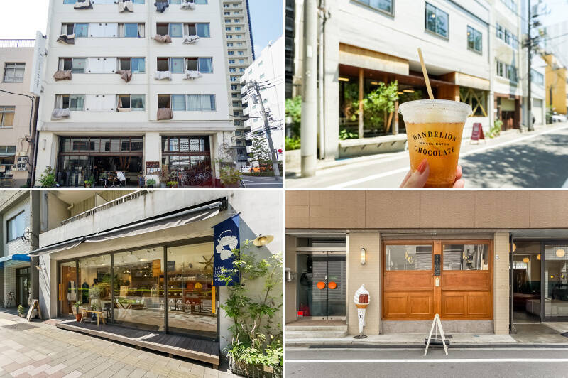 <b>左上・</b>このエリアの火付け役と言っても過言ではない「Nui. HOSTEL &amp; BAR LOUNGE」。1階カフェの常連になれば、自然と仲間が増えそうです。（徒歩5分）／<b>右上・</b>チョコ好きにはたまらない「ダンデライオン・チョコレート ファクトリー&amp;カフェ蔵前」。「カカオ コーラ」はスパイスが効いていて美味！（徒歩3分）／<b>左下・</b>「Maito Design Works 蔵前本店」は天然材料で染められたハンドメイドクラフトを取り扱うお店。自然が持つ色味のストールなどがオススメです。（徒歩3分）／<b>右下・</b>「KURAMAE CANNELE（クラマエカヌレ）」は焼きたてカヌレ専門店。徒歩1分なので、テイクアウトして自宅で頬張るのもオススメ。