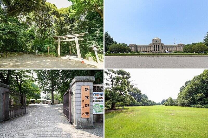 今回ご紹介する物件は、「<b>明治神宮</b>」（左上・徒歩7分）や「<b>明治神宮外苑</b>」（右上・徒歩19分）、「<b>新宿御苑</b>」（下・徒歩4分）など、都心のオアシスに囲まれた場所にあります。“豊かな自然環境×センスのいいショップ” の掛け算が叶うエリアで、4つの駅と5つの路線を使い分けられる交通アクセスも魅力です。
