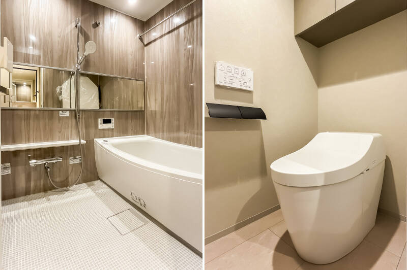 <p><b>左・</b>浴室乾燥機付きのユニットバス（1418サイズ）。／<b>右・</b>トイレ本体はタンクレスのシンプルなデザインを採用しています。</p>