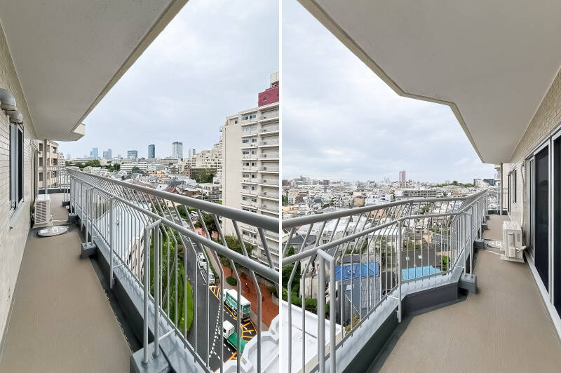 続いて、南東側のバルコニーもチェック。LDK〜洋室B・洋室Cまでまたがるワイドなサイズです。