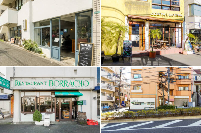<b>左上・</b>マンション近くの淡島通りには、素敵なカフェやレストランが多数。ペット同伴可能な「<b>ANEA CAFE（アネアカフェ）松見坂</b>」には、野菜たっぷりのヘルシーなメニューが並びます。（徒歩５分）／<b>右上・</b>「<b>COSTA LATINA（コスタ・ラティーナ）</b>」はラテン料理のお店。暑い日に冷たいビールと名物のアサード（南米のバーベキュー料理）に屋上テラスでかぶりついたら、至福の気分に浸れそう。（徒歩６分）／<b>左下・</b>テレビ番組「孤独のグルメ」でも紹介された洋食の老舗「<b>RESTAURANT BORRACHO（レストラン ボラーチョ）</b>」もご近所に。（徒歩３分）／<b>右下・</b>創作ベトナム料理を展開する「<b>Sugahara pho（スガハラ フォー）</b>」。料理に合うお酒も揃っています。（徒歩３分）