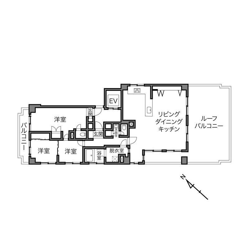 現況の間取りは広々とした3LDK。4面に窓があるめずらしい住戸です。南東向きのリビング＋大きなルーバルがうれしい。