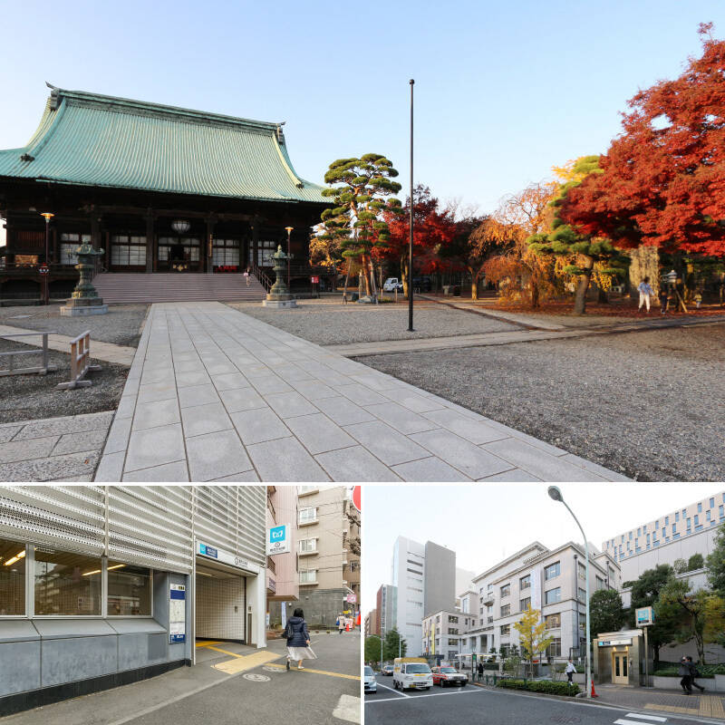 <b>上・</b>国の重要文化財に指定されている「護国寺本堂」では、見事に色づく紅葉や節分祭りなど、四季折々さまざまな表情を見せてくれそうです。（徒歩13分）／<b>左下・
</b>最寄り駅は東京メトロ副都心線「雑司が谷」駅。ビッグターミナル「池袋」駅が隣駅で、利便性のいい立地です。／<b>右下・</b>有楽町線「護国寺」駅付近は「不忍通り」と「首都高5号池袋線」が交差しており、交通量が多め。銀座方面や池袋へのアクセスが良好です。（徒歩10分）