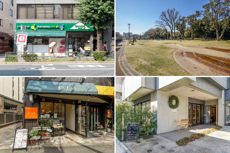 <b>左上・</b>雑司が谷駅を下りてすぐの「マルエツプチ 雑司が谷二丁目店」　は22時まで営業。（徒歩7分）その近くの「スーパーマーケット リコス 雑司が谷2丁目店」は、心強い24時間営業です。 ／<b>右上・</b>テニスコートやフットサル場がある「目白台運動公園」は、この周辺では最も大きな公園です。春には桜も楽しめます。（徒歩5分）／<b>左下・</b>多種類のスパイスをブレンドした本格欧風カレーが絶品の「欧風カレー＆カフェ Ciel（シエル）」。テイクアウトもできますよ◎（徒歩4分）／<b>右下・</b>住宅街にひっそり佇む「Café コアラとライオンときどきチーター」。フードも人気で、ピザトーストがおすすめ。（徒歩7分）