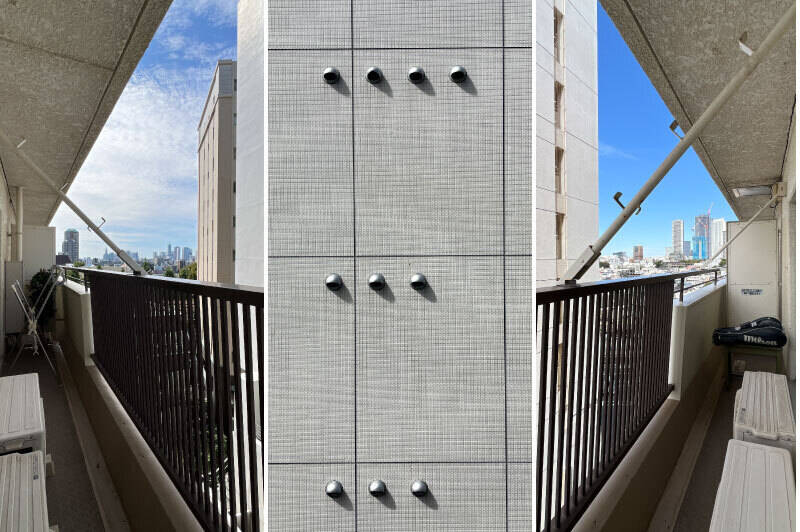 西向きのバルコニーに出ると、正面には建物が。そのため、眺望の抜けはありませんが、左右に視線を流すと抜けのある景色が広がっています。