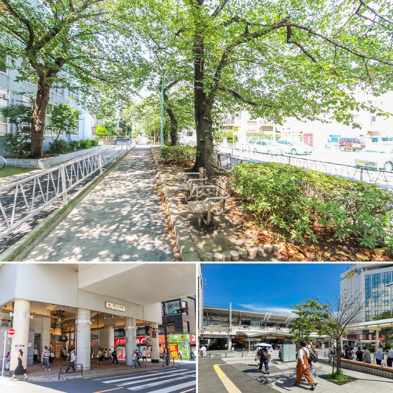 <b>上・</b>「都立大学」駅からマンションへは、桜並木が続く「呑川緑道」を通るのが気持ちよさそう。日々季節の移り変わりを感じることができるので、駅への行き来が楽しくなりそうですね♪ （徒歩2分）／<b>左下・</b>駅前に買い物施設がコンパクトにまとまった東急東横線「都立大学」。（徒歩8分）／<b>右下・</b>「自由が丘」の駅前は再開発が進行中！ 2026年には駅前広場に面して複合商業施設がオープンする予定。新しく生まれ変わる街にも期待大ですね♪（徒歩14分）