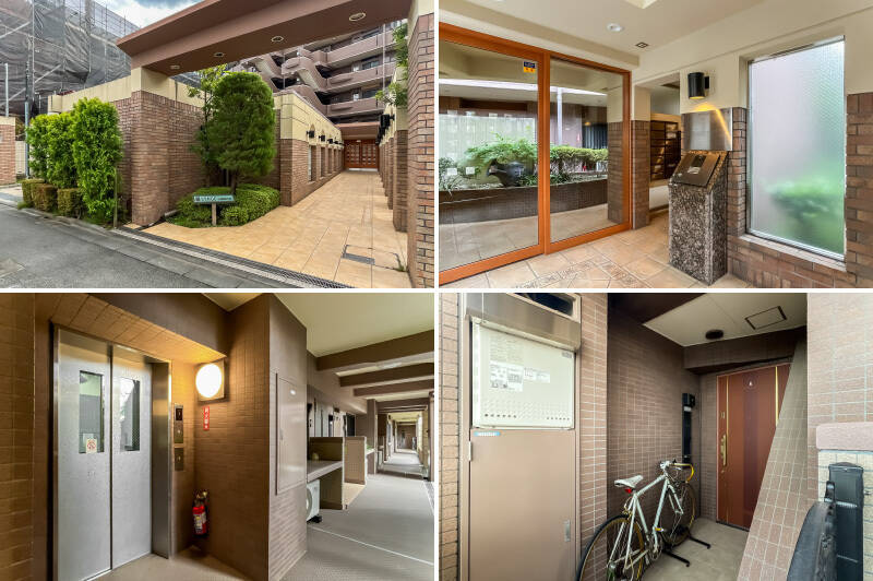 <b>左上・</b>お城のような雰囲気のエントランスアプローチ。/<b>右上・</b>エントランスにはオートロック・宅配ボックスを完備。/<b>左下・</b>エレベーターで住戸所在の5階へ。/<b>右下・</b>玄関前のポーチには、自転車を置けるゆとりがあります。