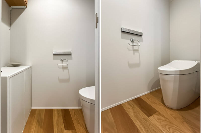 トイレにも収納を完備。水まわりの床がフローリングになっているのって、実は珍しいかもしれません。