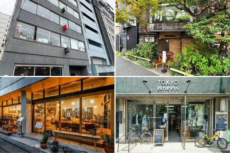 <b><b>左上・</b></b>売主さまオススメの「WINESHOP &amp; DINER FUJIMARU 浅草橋店」。ナチュールワインの小売りがあるため、お土産などでよく買いに行くのだとか。（建物2階・徒歩10分）／<b><b>右上・</b></b>こちらもオススメいただいた「ちゃんこ川崎」。鳥だけでとった出汁が美味。（徒歩6分）／<b><b>左下・</b></b>カフェワークがしたくなったら、ぜひ「喫茶ランドリー」へ。文字通りお洗濯もできますよ。（徒歩7分）／<b><b>右下・</b></b>このエリアで暮らすなら、ぜひ自転車を手に入れていただきたいところ。「TOKYO Wheels」ではセンスのいいサイクリングアイテムを多数取り揃えています。（徒歩15分）