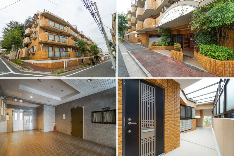 <b>左上・</b>緩やかな坂道に建つどっしりした5階建てマンション。1995年築で、まだほんのり若さを感じる佇まいです。/<b>右上・</b>エントランスは地下1階に。重厚感ある木製ドアがいい雰囲気です。/<b>左下・</b>オートロックを抜けた先の共用ホールには、宅配ボックスも備わっています。/<b>右下・</b>こちらは、エレベーターで住戸のある最上階へ上がったところ。雨を通さず光を通す、賢い庇付きの共用廊下です。