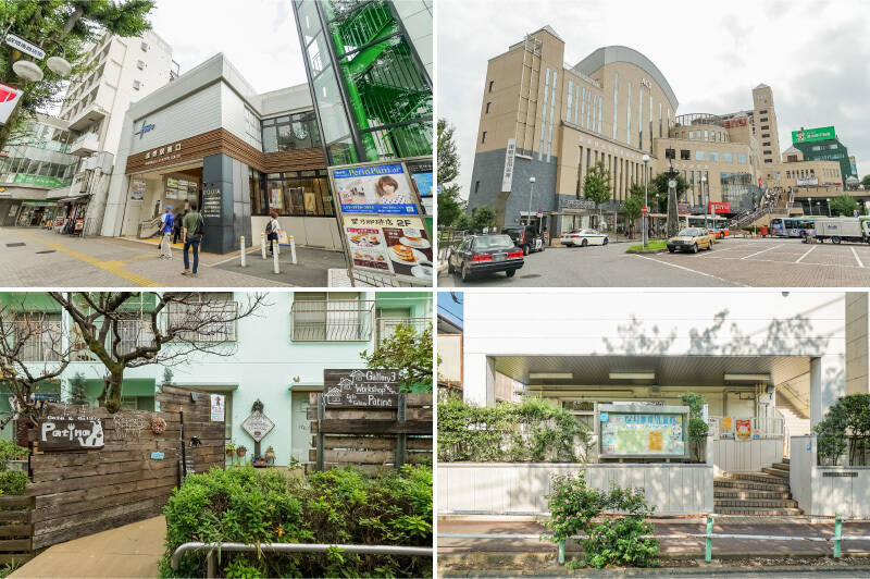 <b>左上・</b>マンションへは東武東上線「成増」駅(徒歩6分)もしくは東京メトロ有楽町線・副都心線「地下鉄成増」駅(徒歩7分)のどちらからもアクセス可能。複数路線を使い分けられて便利です。/<b>右上・</b>駅直結の音楽ホール「成増アクトホール」内にあるスーパー「西友 成増店」は日常的にお世話になりそう(徒歩6分)。ほか、近隣に「業務スーパー」「MEGAドン・キホーテ」などもあり、充実の買い物環境です。/<b>左下・</b>ギャラリー併設の喫茶店「Cafe&Gallery Patina(カフェ&ギャラリー パティーナ)」。マルシェや絵本カフェなど、イベントも開催されています♪(徒歩3分)/<b>右下・</b>屋内で遊べる「なります児童館」は雨の日や猛暑日などに大活躍! ご近所にある、子育ての強い味方です。(徒歩1分)