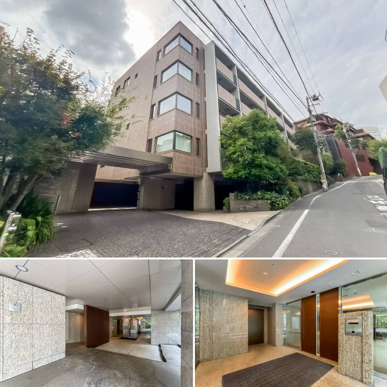 “狐坂” 沿いに建つ、地上8階地下1階建て、全47戸の “ザ・パークハウス” シリーズのマンション。天然石やタイルを用いた重厚感ある佇まいで、住民を静かに迎え入れます。オートロックを抜け、開放的な共用ロビーへ。
