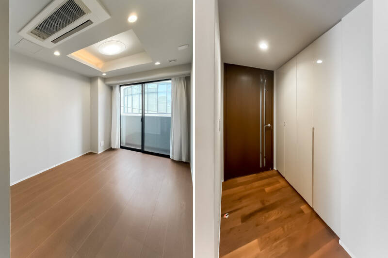 洋室Aと並ぶ形でもうひとつ個室が用意されています。出入り口すぐの通路沿いにクローゼットがあるため、帖数表示よりコンパクトに感じるかもしれません。この洋室のフローリングは、新規で張り替えています。
