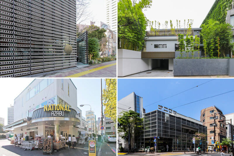 <b>左上・</b>隈研吾氏が建物を手がけ、野崎洋光氏が料理長を務める日本料理「分とく山 広尾本店」。（徒歩8分）／<b>右上・</b>特別な日に訪れたい中国料理の名店「茶禅花（さぜんか）」。（徒歩12分）／<b>左下・</b>自炊派の方々にもうれしい環境で、趣向の異なるスーパーが点在している点が魅力。「National Azabu Supermarket」には世界中から選りすぐった商品が並んでいます。（徒歩10分）／<b>右下・</b>100年以上の歴史がある老舗スーパー「ナニワヤ」。ローストビーフが絶品です。（徒歩12分）