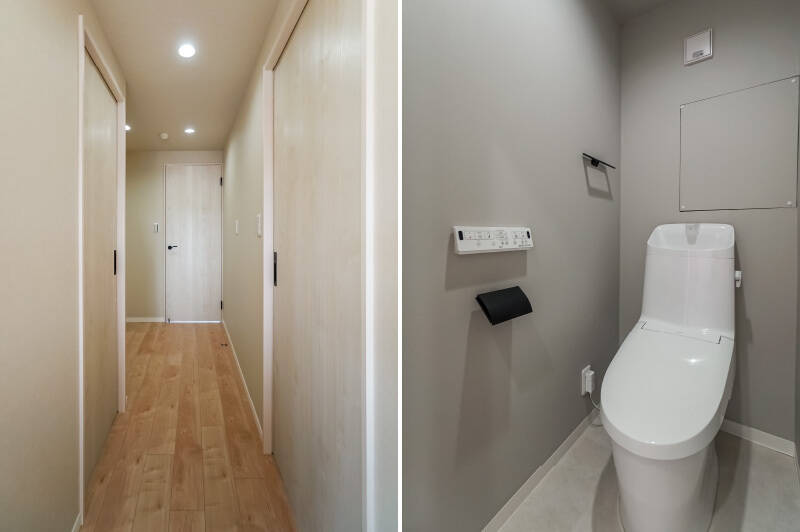 <b>左・</b>団欒の場所と個室との間にしっかり距離が取れているのは、プライベート感が高くてうれしいポイントですね。/<b>右・</b>写真の兼ね合い上、ここでトイレをご紹介します。シンプルで無駄のない設えです。