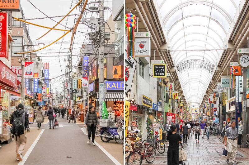 <p><b>左・</b>東急東横線「学芸大学」駅から物件までは活気溢れる「学芸大学東口商店街」を通るルート。美味しい飲食店が点在しているので、自分なりのフェイバリットを発掘してみては?(徒歩7分)/<b>右・</b>東急目黒線「武蔵小山」の駅前には、約250軒もの商店が並ぶアーケード商店街「パルム商店街」があり、まさにお買い物天国! 雨の日でも食材や日用品の調達が一気に済んでしまいそうですよ。(徒歩15分)</p>