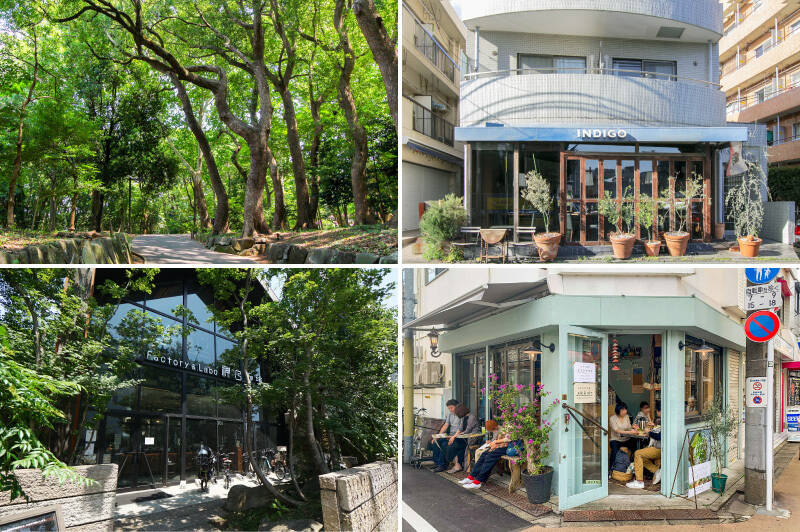 <b>左上・</b>マンションから徒歩8分の「林試の森公園」。ジョギングに、お子さまの遊び場に、森林浴に……自分の家の庭のように通える距離ですね。/<b>右上・</b>ハンバーガーやステーキなどカリフォルニア料理を楽しめる「RESTAURANT INDIGO(レストラン インディゴ)」。黒毛和牛を使ったハンバーガーのほか、前菜やワインも美味しいと評判です。(徒歩4分)/<b>左下・「</b>Factory&Labo(ファクトリーアンドラボ)神乃珈琲」はその名のとおり倉庫のようなデザインのカフェ。大きな窓と吹き抜けのある開放的な空間で、居心地のよいお店です。(徒歩4分)/<b>右下・</b>バインミー(ベトナム風サンドウィッチ)専門店。その名も「Stand Bánh Mì(スタンドバインミー)」。休日は行列ができる人気店です!(徒歩10分)