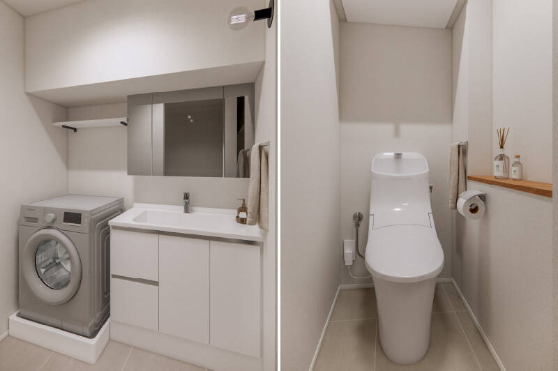 <b>左・</b>シンプルな洗面台。／<b>右・</b>トイレには廊下からアクセスする間取りです。