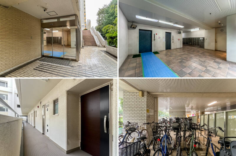 <b>左上・</b>エントランスは通りから奥まった場所にあり、「戸山公園」に面しています。/<b>右上・</b>広々した共用ロビー。エレベーターは2機用意されています。/<b>左下・</b>明るい外廊下。/<b>右下・</b>整然とした自転車置き場。日常のお供にぜひ!