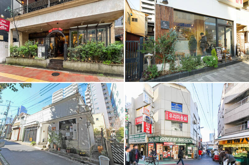 <p><b>左上・</b>売主さまオススメの「Cafe Cotton Club(カフェコットンクラブ)」。地下では毎週金曜日にジャズライブが行われる老舗で、ランチのピザがイチオシとのこと。(徒歩9分)/<b>右上・</b>「cafe omotenashamoji(オモテナシャモジ)」はプリンが乗ったケーキが名物!(徒歩10分)/<b>左下・</b>日本茶専門のカフェ「茶々工房」。(徒歩4分)/<b>右下・</b>JR山手線「新大久保」駅も射程圏内。コリアンからエスニックまで、様々な食材や飲食店が揃い踏みです。(駅まで徒歩14分)</p>