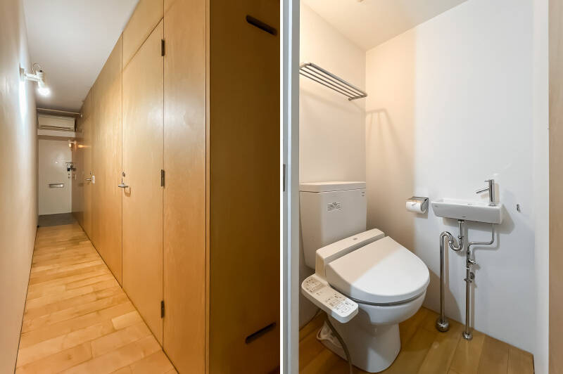 玄関に近い場所に洗面と浴室、居室側にトイレがあります。