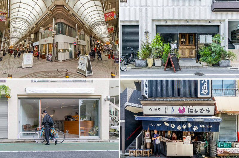 <b>左上・</b>「武蔵小山商店街PALM」は約250店が集まるアーケード街。だいたいの物はここで揃います。(徒歩9分)/<b>右上・</b>芸術的なパフェが有名な「patisserie de bon coeur(パティスリー ドゥ・ボン・クーフゥ)」。テイクアウト用のケーキや焼き菓子も販売しています。(徒歩10分)/<b>左下・</b>ふらりと立ち寄りたくなる「DAY COFFEE(デイコーヒー)」。お散歩のお供にどうぞ。(徒歩10分)/<b>右下・</b>目黒不動尊の参道にある「八つ目や にしむら 目黒店」。香ばしい鰻の香りが食欲をそそります。(徒歩6分)