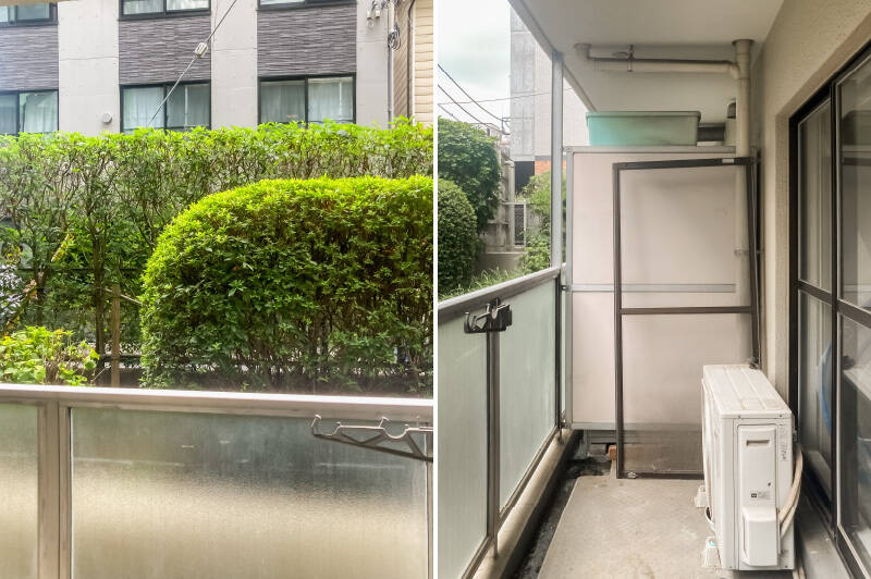 1階に所在する住戸のため、正面には道路が。ただし、きれいに手入れされた植栽が視線を遮っている印象です。