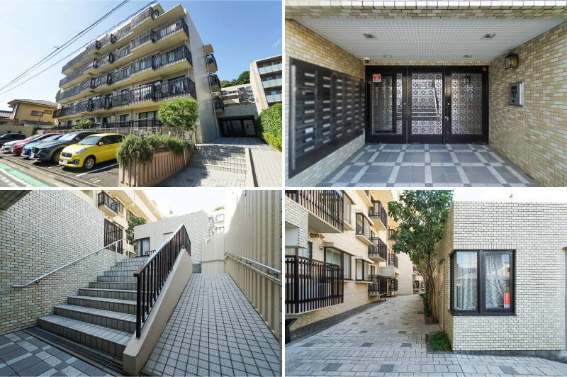 <p><b>左上・</b>閑静な “軽井沢エリア” に建つ、ベージュ色のタイル貼りのマンション。/<b>右上・</b>オートロック付きのエントランス。/<b>左下・</b>エントランスまでのアプローチと、エントランスホールの先には階段がありますが、スロープも備わっていますよ。/<b>右下・</b>住戸によって建物内への入り口が異なり、ご紹介する住戸は敷地の一番奥に位置します。</p>