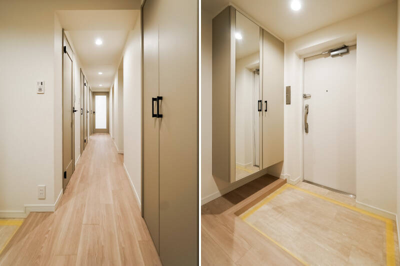 <p>建具はベージュでそろえて、落ち着いた印象に。廊下には2カ所の収納スペース、玄関にはフロートタイプの下足入れがあります。</p>