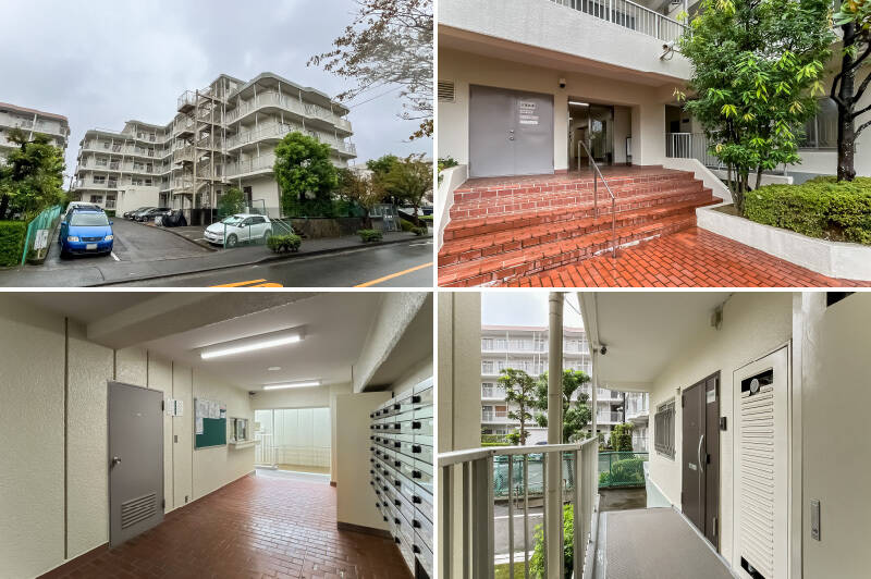 1978年に竣工した、5階建てのマンション。今回ご紹介する住戸は1階の角部屋です。玄関扉はダブルロックタイプに交換済み。