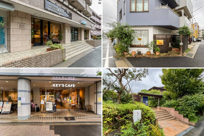 <b>左上・</b>まずは売主さまのおすすめスポットから。「<b>Douce Bois(ドゥース・ボア)</b>」はシュークリームが名物の人気パティスリー。(徒歩7分)/<b>右上・</b>「<b>IL VINAIO(イルヴィナイオ)</b>」では、ボリューミーな家庭的なイタリアンをいただけます。(徒歩6分)/<b>左下</b>・ネルドリップで丁寧に抽出するコーヒーをはじめ、アレンジドリンクのメニューが豊富な「<b>KEY'S CAFÉ(キーズカフェ)川崎宮前平店</b>」。1974年創業の老舗ベーカリー「Hans Rosen」の山食イギリスパンを使用した、店舗限定のトーストメニューもおすすめです。(徒歩7分)/<b>右下・</b>バルコニーから見えるほどの距離の「<b>宮前平温泉 湯けむりの庄</b>」は、度々メディアに取り上げられる人気の温泉施設。露天風呂や岩盤浴があり、一日中のんびりと過ごせます。(徒歩2分)
