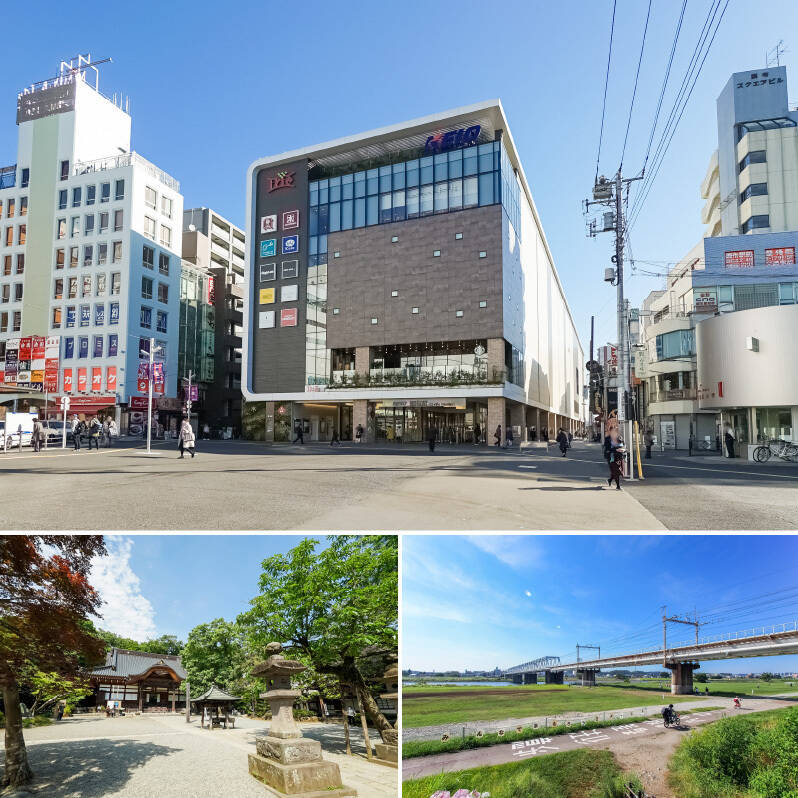 <b>上・</b>最寄りは、京王線の特急停車駅「調布」。「新宿」まで乗車時間約22分でアクセスできるうえに、「明大前」駅から京王井の頭線に乗り換えれば「渋谷」駅へ約28分で到着します。（徒歩7分）／<b>左下・</b>厄除け大師で有名な「深大寺」。駅前から出ているバスに乗って約15分の距離感です。／<b>右下・</b>のどかな空気が流れる「多摩川」の河川敷も徒歩圏内。（徒歩14分）