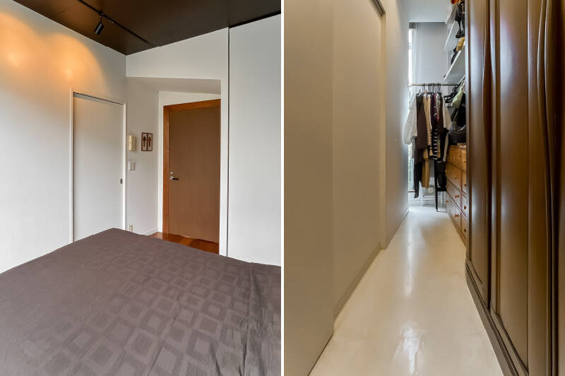 白い扉を開けると納戸が。収納家具を置けば、洋服などをギュギュっと収納できます。