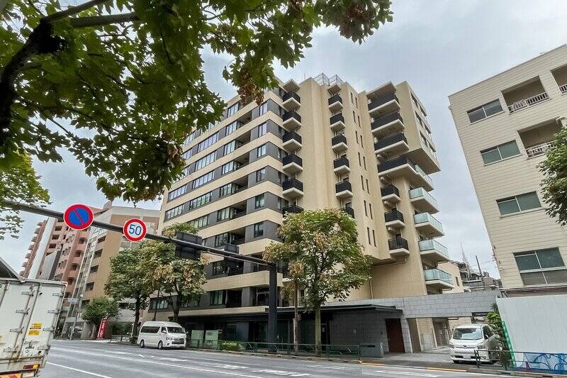 外苑西通り沿いに建つ、地下1階付き地上10階建て、全63戸のマンション。天然石と磁気質ボーダータイルを組み合わせた、繊細でありながら重厚さも感じる外観が特徴です。